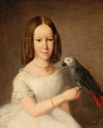 Portrait Of A Girl With Grey Parrot