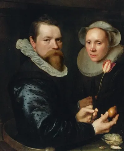 Portrait Of A Husband And Wife He Holding A Tulip And Bulb A Selection Of Shells On The Shelf Below