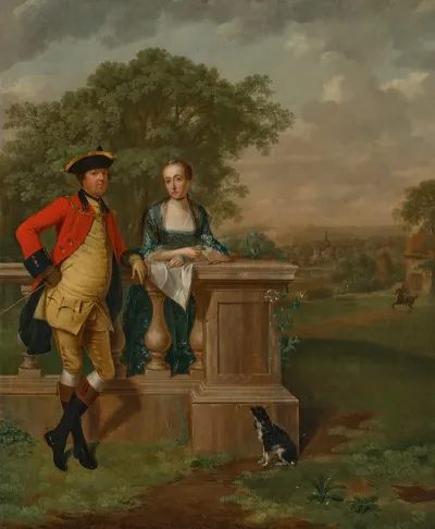 Portrait Of A Lady And A Gentleman Small Full Length Leaning On A Balustrade With A Spaniel In A Landscape