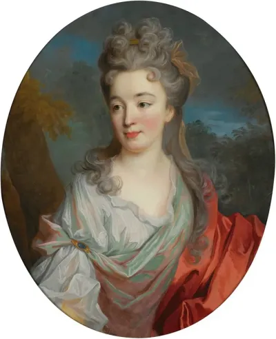 Portrait Of A Lady Half Length With A White Shirt And Red Sash A Landscape Beyond