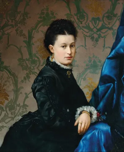 Portrait Of A Lady In A Black Dress With Gold Ear Pendants Before A Floral Wallpaper