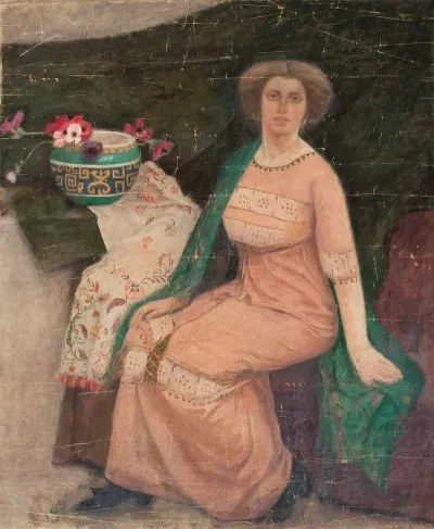 Portrait Of A Lady In A Pink Dress Wanda Poplawska