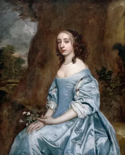 Portrait Of A Lady In Blue Holding A Flower