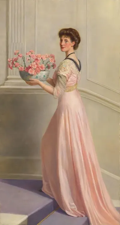 Portrait Of A Lady In Pink Carrying A Bowl Of Pink Carnations