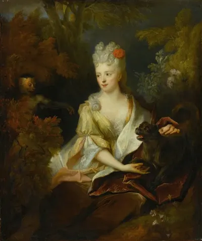 Portrait Of A Lady Seated In A Landscape With Her Pet Dog And A Monkey