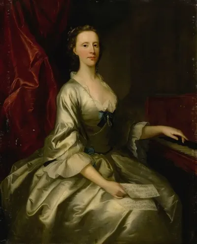 Portrait Of A Lady Three Quarter Length Seated At A Harpsichord Holding A Sheet Of Music