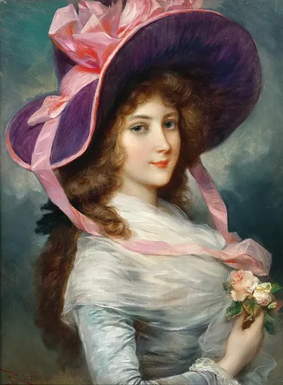 Portrait Of A Lady With A Purple Hat And Roses