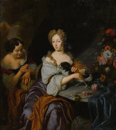 Portrait Of A Lady With Her Dog And A Maid