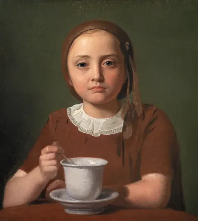 Portrait Of A Little Girl Elise Kobke With A Cup In Front Of Her
