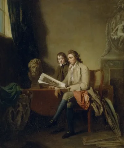 Portrait Of A Man And A Boy Looking At Prints