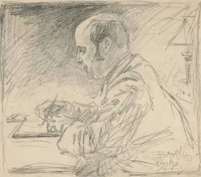 Portrait Of A Man Left Profile Writing At Desk