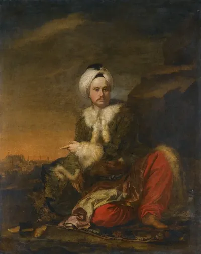 Portrait Of A Merchant Of The Levant Company In Turkish Dress A View Of Aleppo Beyond