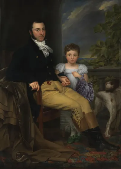 Portrait Of A Prominent Gentleman With His Daughter And A Hunting Dog