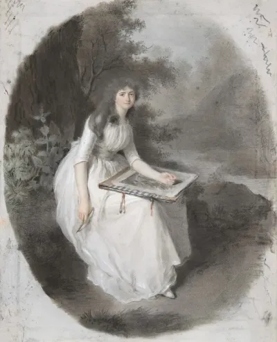 Portrait Of A Seated Young Lady Drawing Under A Tree Late 18th 19th Century