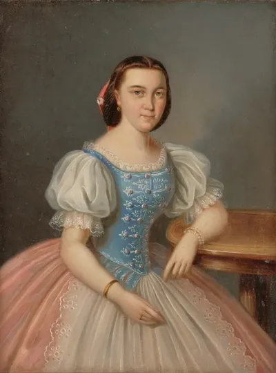 Portrait Of A Seated Young Woman In A Blue Camisole