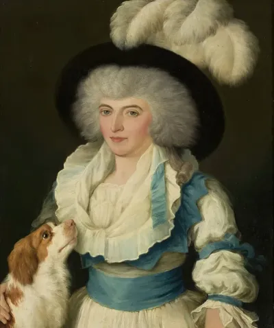 Portrait Of A Woman In A Hat With Ostrich Feathers And A Dog