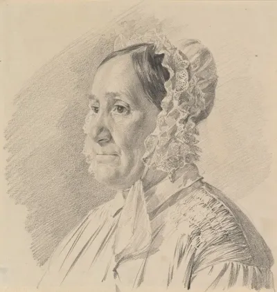 Portrait Of A Woman In A Lace Bonnet In Three Quarter Profile To The Left