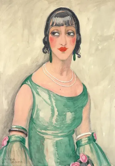 Portrait Of A Woman In Green Dress And Pearls