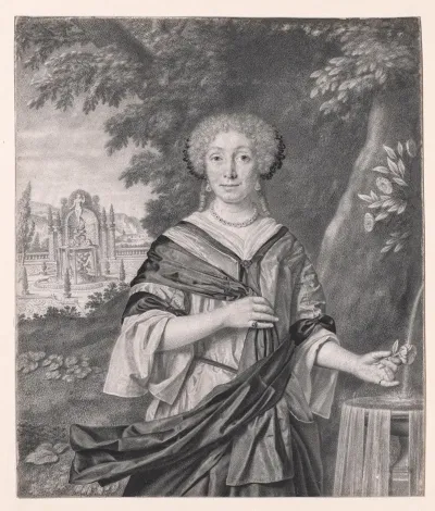 Portrait Of A Woman Near A Fountain A Rose In Her Hand