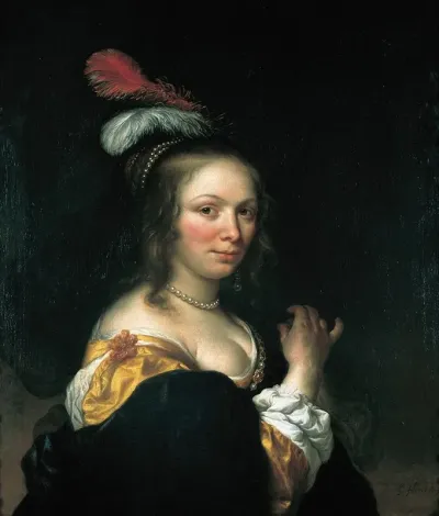 Portrait Of A Woman Wearing A Hat With Feathers
