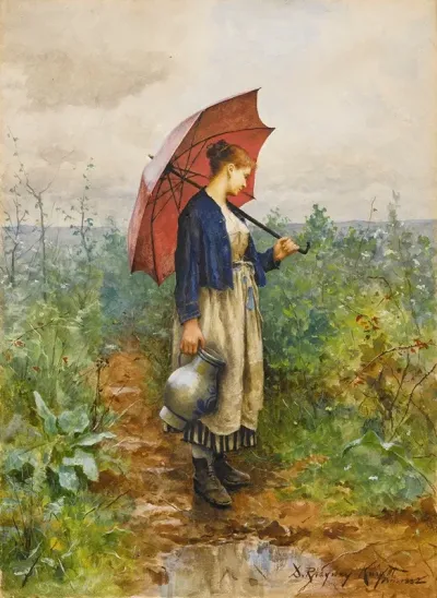 Portrait Of A Woman With Umbrella Gathering Water