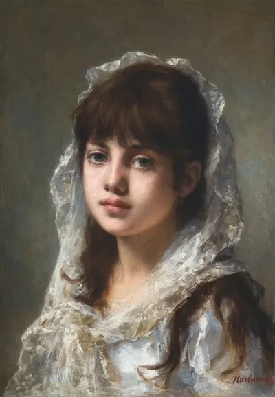 Portrait Of A Young Girl Wearing A White Veil