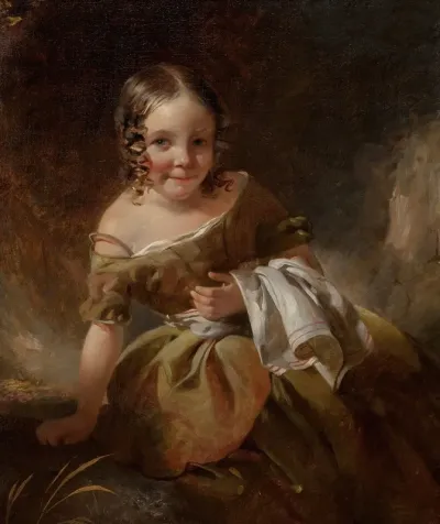 Portrait Of A Young Girl With Curls In An Olive Green Dress