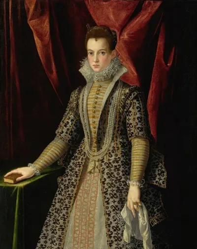 Portrait Of A Young Lady In An Embroidered Dress And Pearls