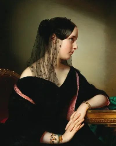Portrait Of A Young Lady In Profile With An Enamelled Bangle A Snake Bracelet And A Bracelet With Turquoises