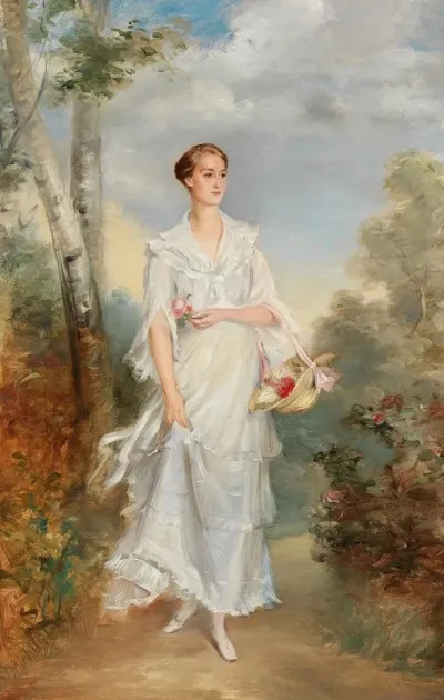 Portrait Of A Young Lady With A Basket Of Flowers