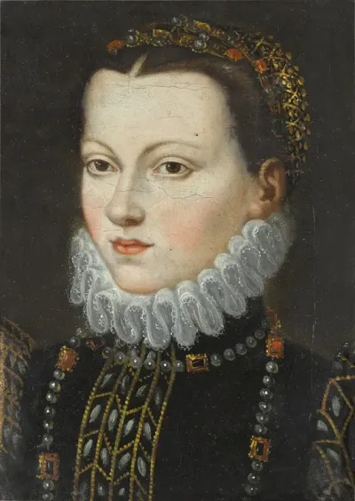 Portrait Of A Young Woman Bust Length Wearing An Embroidered Coat And A Pearl Necklace And Headpiece