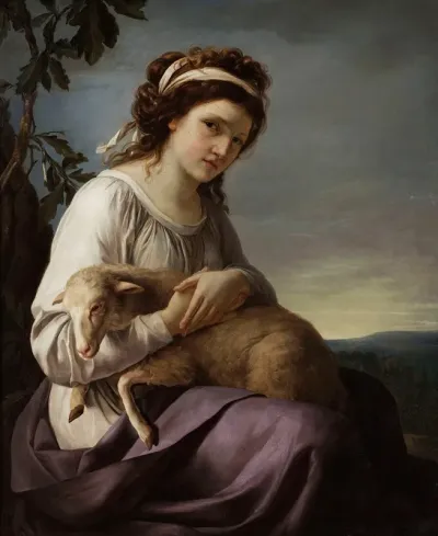 Portrait Of A Young Woman Holding A Lamb