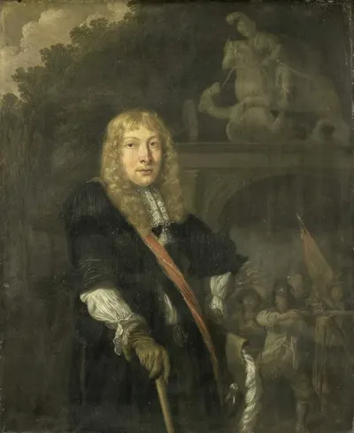 Portrait Of An Officer Of The Leiden Civic Guard In Front Of The Gate Of The Headquarters Of The St George Guards