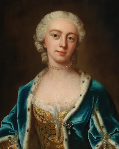 Portrait Of Augusta Princess Of Wales Wearing Pearls And An Ermine Lined Blue Cloak