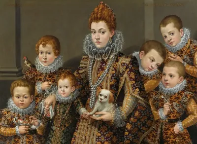 Portrait Of Bianca Degli Utili Maselli Holding A Dog And Surrounded By Six Of Her Children