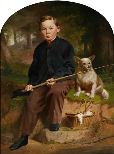 Portrait Of Charles H Brewer Boy Fishing With Dog