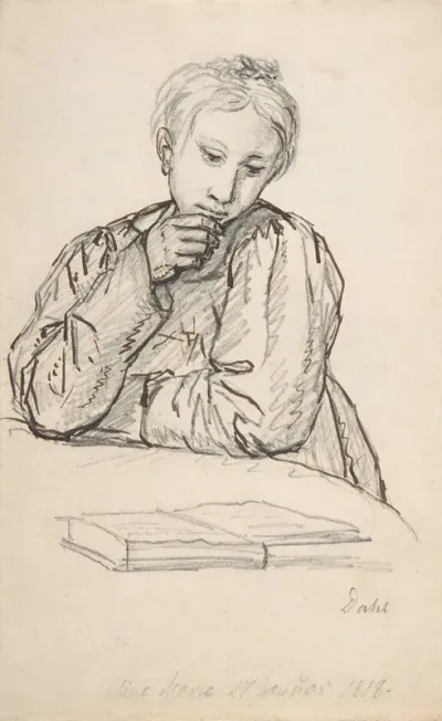 Portrait Of Eline Marie Heger As A Child Leaning On A Table Looking At A Book