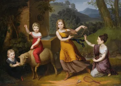 Portrait Of Four Children Full Length In A Landscape With A Sheep And Turtle Doves