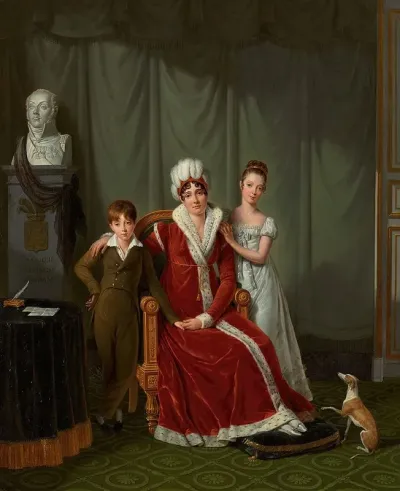 Portrait Of General Baudets Wife And Her Two Children With A Bust Of The General Behind