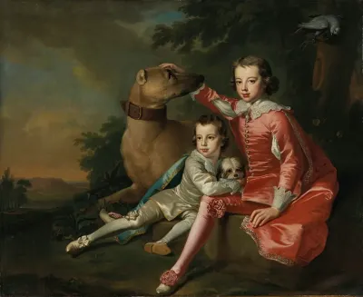 Portrait Of John And Robert Sons Of Robert Ker 2nd Duke Of Roxburghe In Van Dyck Costume With Their Two Dogs