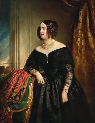 Portrait Of Karoline Von Grunne Vienna 1832 1911 Graz In A Black Dress With An Elaborate Pearl Necklace