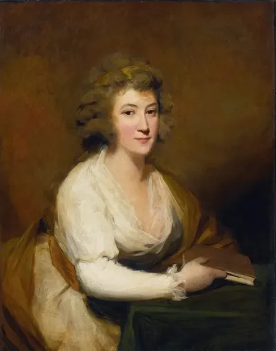 Portrait Of Lady Nasmyth In A White Dress And Brown Shawl Seated At A Table Holding A Book