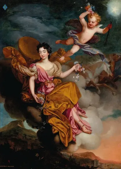 Portrait Of Mademoiselle De La Force As Flora In A Landscape With Putti