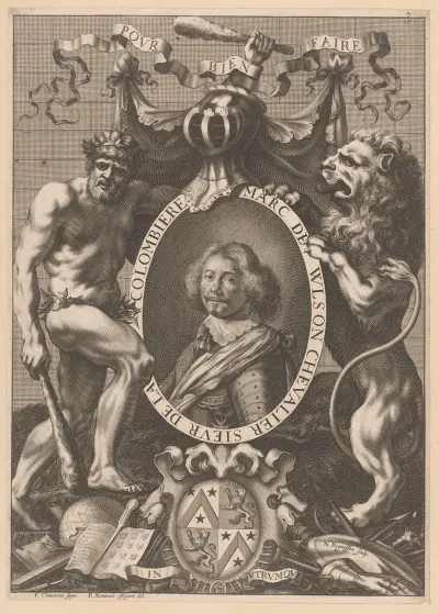 Portrait Of Marc De Vulson Flanked By A Wild Man And A Lion
