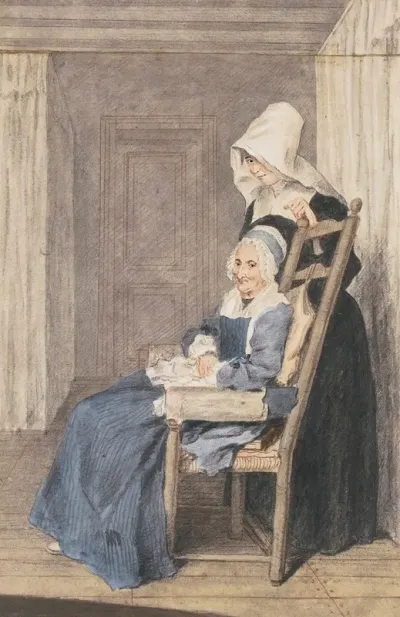 Portrait Of Marie Louise Petit At The Age Of 105 With A Nurse Standing Behind