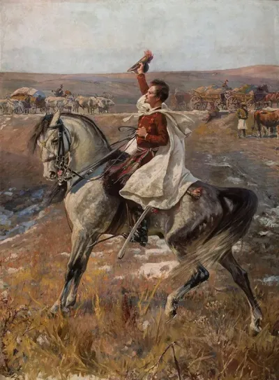 Portrait Of Petofi On Horseback With A Line Of Carts In The Background