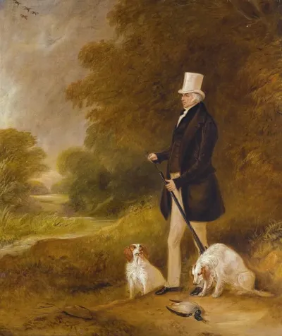 Portrait Of Sir William Mordaunt Sturt Milner 4th Bt 1779 1855 With Two Clumber Spaniels Out Shooting