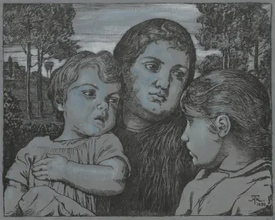 Portrait Of The Artists Wife Celli With Two Children Against The Background Of A Landscape