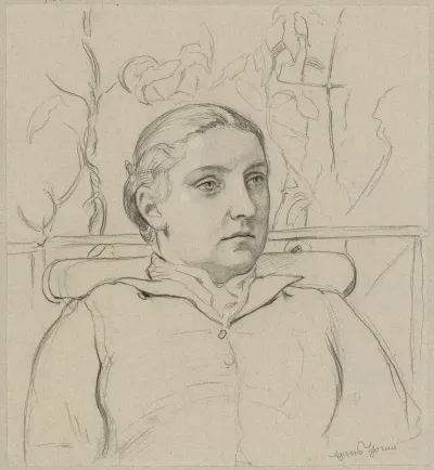 Portrait Of The Artists Wife In Bust Sitting On A Bench Against The Background Of Greenery