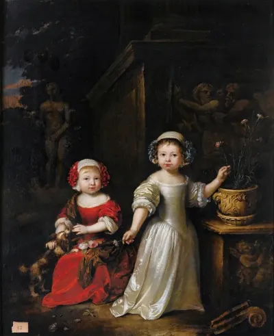 Portrait Of Two Young Girls In A Park One Playing With A Dog The Other Holding A Carnation From A Pot